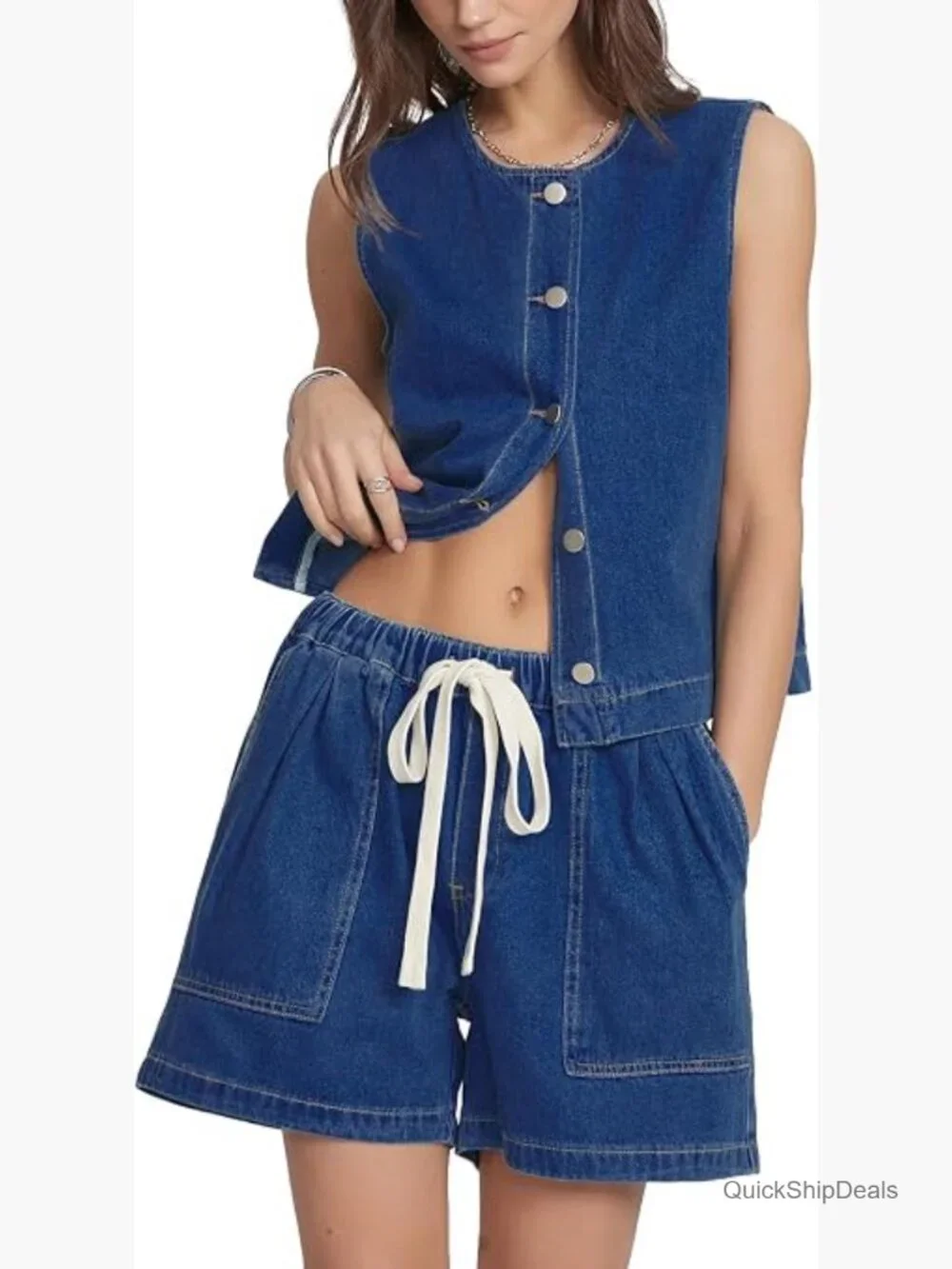 Sleeveless Denim Vest & Elastic Waist Baggy Jean Shorts Matching Set